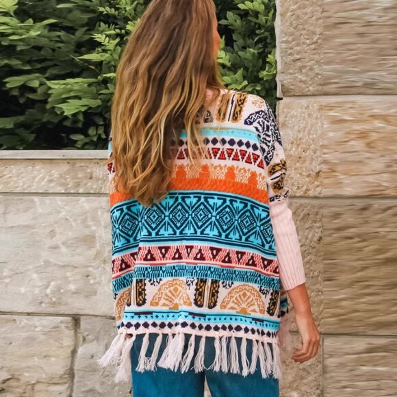 Sweater Bohemian lady artsy fringe vintage top Nordic knit - Picture 3 of 5